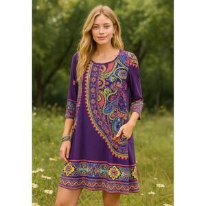 Hershe Boho Paisley Swing Dress L Purple Multicolor Indie Retro Festival Pockets